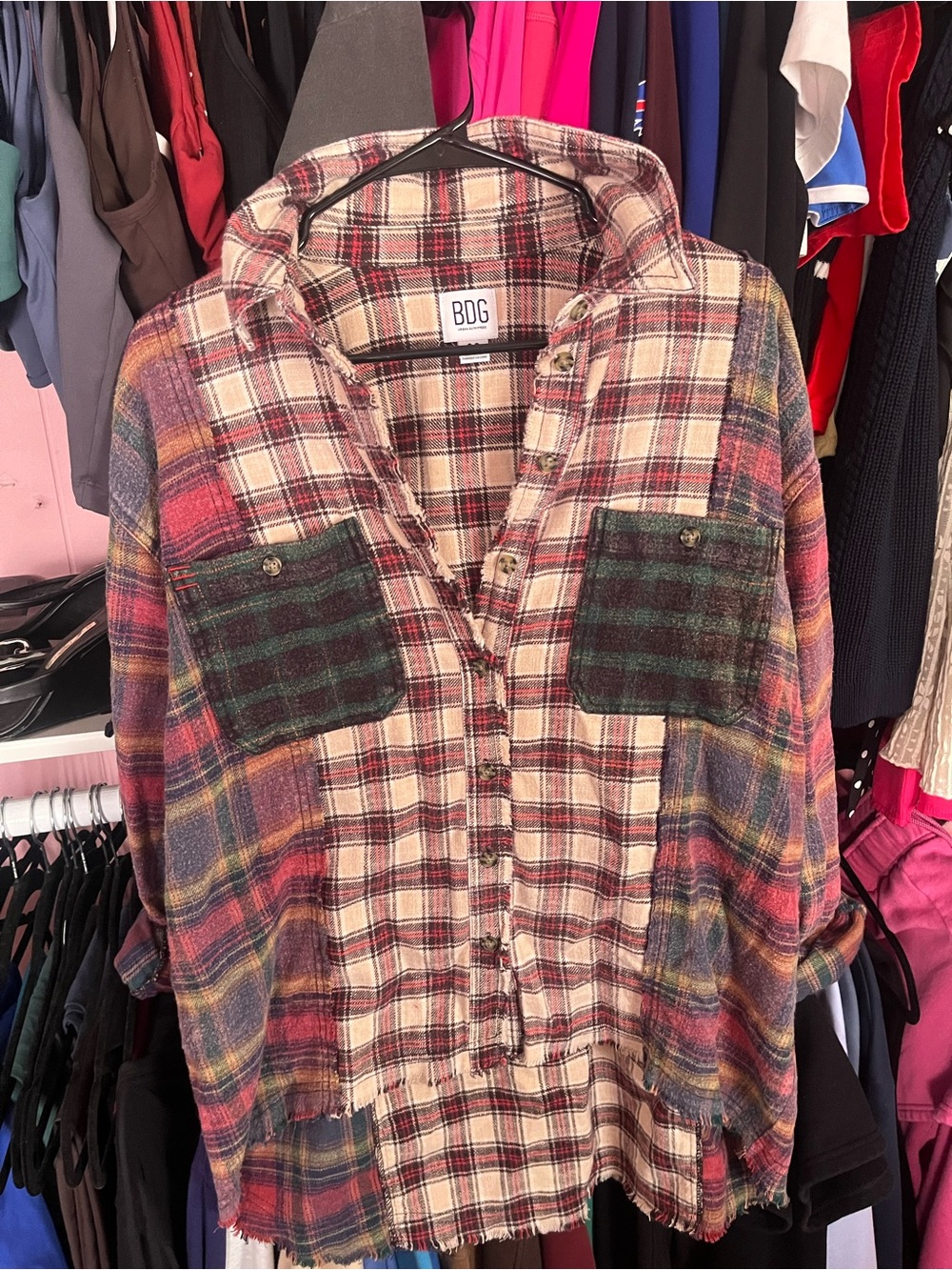 BDG Plaid Shirt in Cream with Red & Black Accents